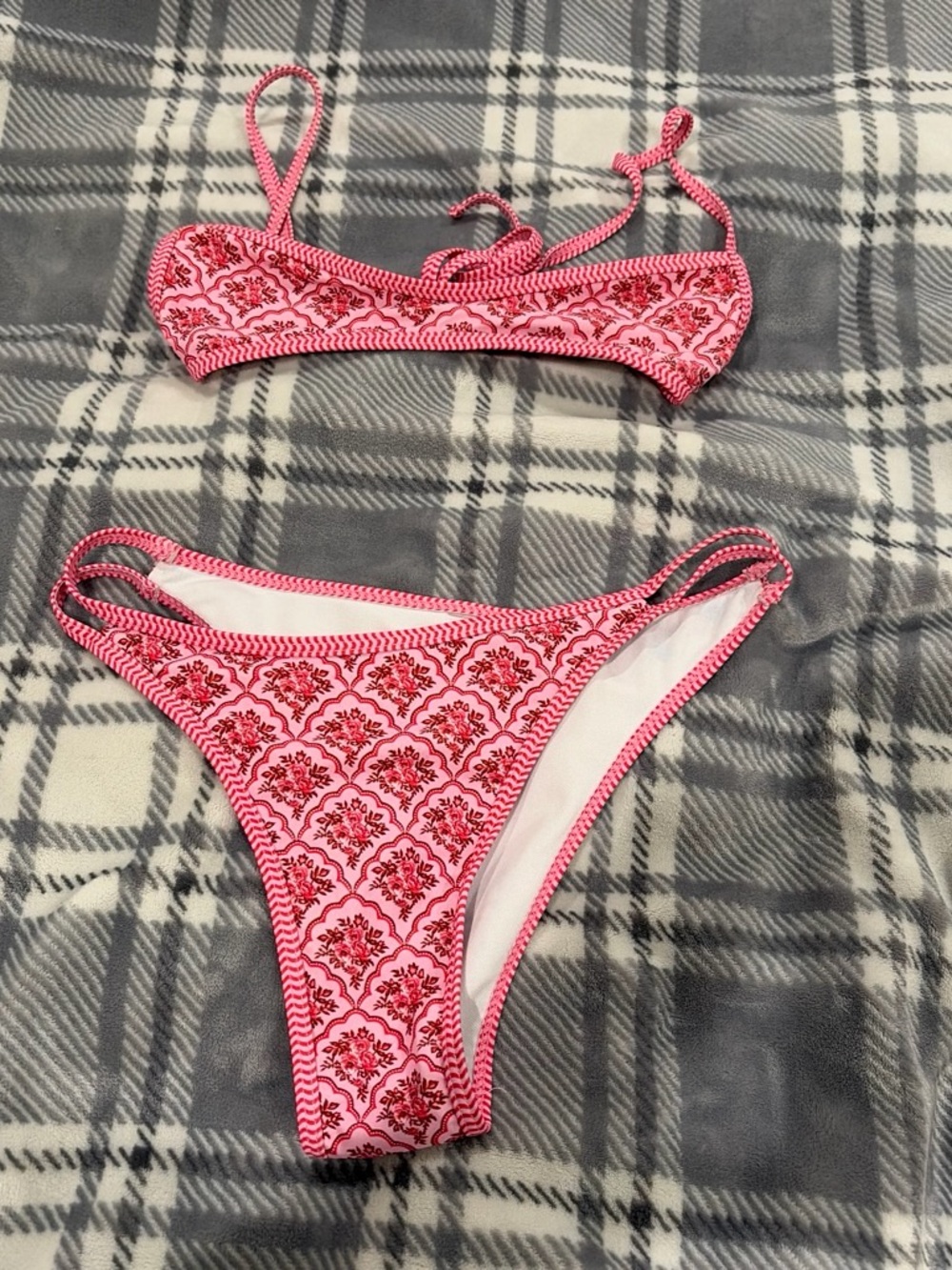 Pink Printed Bandeau Bikini Set with Floral Motif